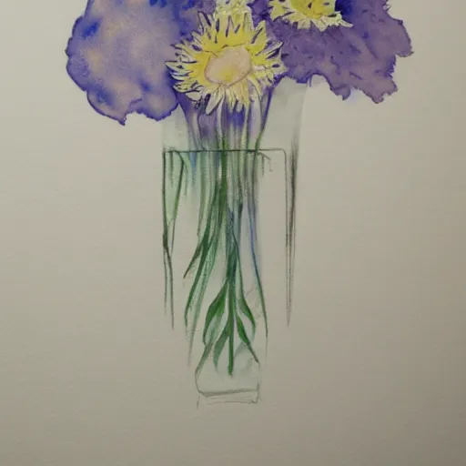 Prompt: monochrome watercolor high vase with dry flowers, background shifon