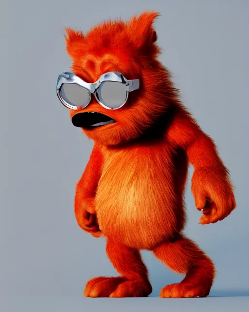 Prompt: 3 d render of completely red hairy friendly antropomorphic cartoony creature wearing chrome shades, without nose, full body, in the style of pixar, simple, cute, white background, unreal engine 5, octane render, highly detailed hdr