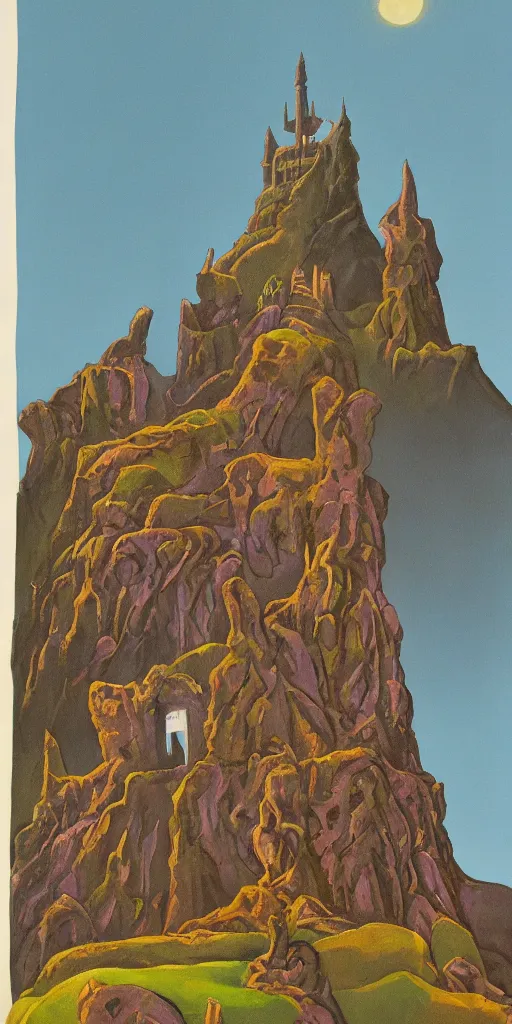 Image similar to a sinister expressive gouache painting of a incan castle by roger dean in the style of art - nouveau art, 8 k