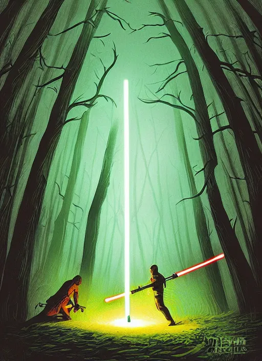 Image similar to lightsaber duel in a forest at night by Dan Mumford