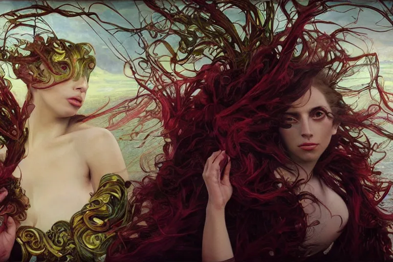 Prompt: music video screenshot of Lady gaga song chromatica, unreal, fantasy, intricate, elegant, dramatic, highly detailed, photorealistic, digital painting, painterly, artstation, concept art, smooth, sharp focus, art by John Collier and Krenz Cushart and Artem Demura and Alphonse Mucha and Albert Aublet