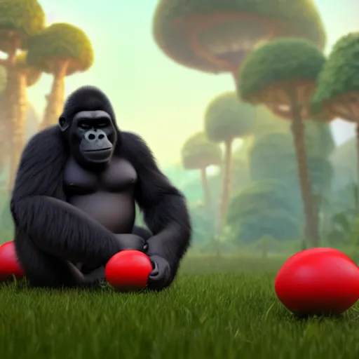 Image similar to a wholesome animation key shot of a gorilla holding a very small red mushroom, chilled out smirk on face, red headphones on head, studio ghibli, pixar and disney animation, sharp, rendered in unreal engine 5, anime key art by greg rutkowski, bloom, dramatic lighting