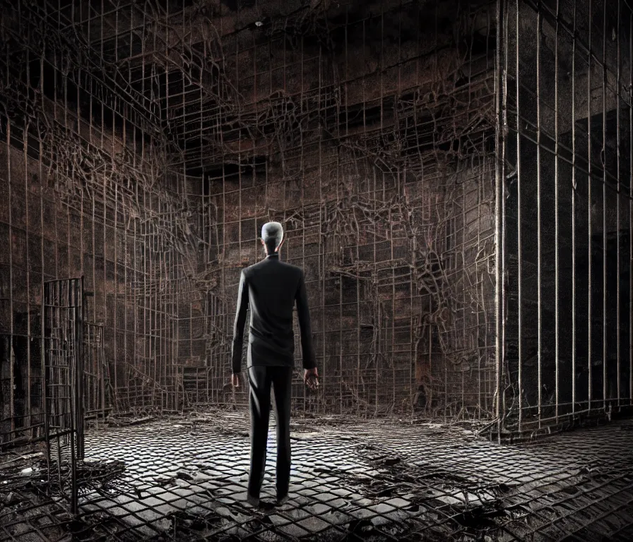 Image similar to creepy tall man with very long limbs sits on the floor. An underground very dark gloomy multi-layered structure of rusty thick iron grates, dense chain-link fencing and peeling walls. Inside view, collapsed floors, bent rusted iron, masterpiece, black background, corners, cinematic, hyperdetailed, photorealistic, hyperrealism, octane render, 8k, depth of field, bokeh, architecture, shadows, art by Zdzisław Beksiński, Arthur Rackham, Dariusz Zawadzki