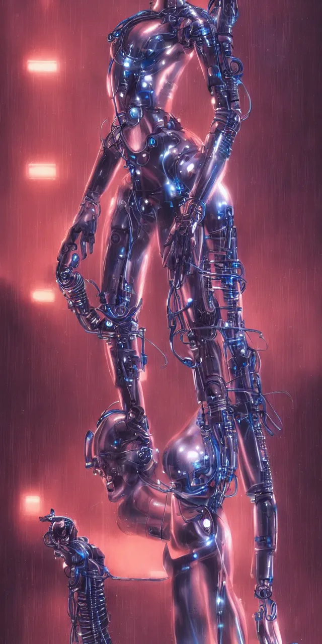 Prompt: beauty Blade Runner woman, robotic, cyberpunk, lots of cables and wiring, electrical details, neon laser eyes, trending on artstation, by Hajime Sorayama and Boris Vallejo