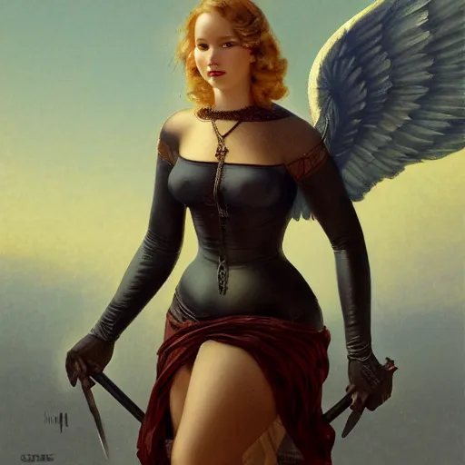 Prompt: Jennifer Lawrence as dark angel of medieval art, medium shot, intricate, elegant, highly detailed, digital painting, volumetric light, artstation, concept art, smooth, sharp focus, illustration, art by Gil Elvgren and Greg Rutkowski and Alphonse Mucha, 8K