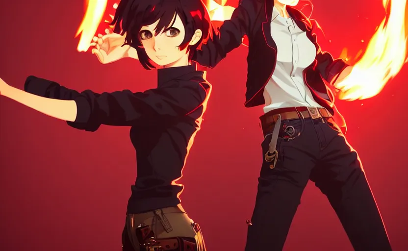 Image similar to makoto shinkai, artgerm, ilya kuvshinov, steampunk beautiful anime woman, red shirt brown pants, black and red hair hair, symmetrical face, symmetrical eyes, action scene, shooting fire war, detailed, summer setting, cinematic lighting