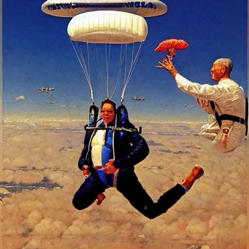 Image similar to benjamin netanyahu skydiving, plane in background, by norman rockwell and michael cheval