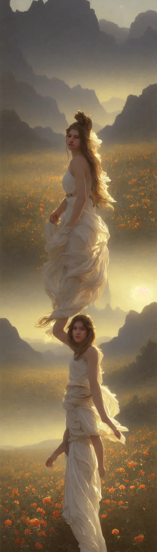 Image similar to oil painting portrait of a young woman with long flowing hair in a white dress, dancing through a field of flowers at sunset with mountains in the background, hazy, chiaroscuro, artstation, cinematic, golden hour, digital art painting by greg rutkowski, william - adolphe bouguereau, hazy atmosphere, flowers, cinematic lighting