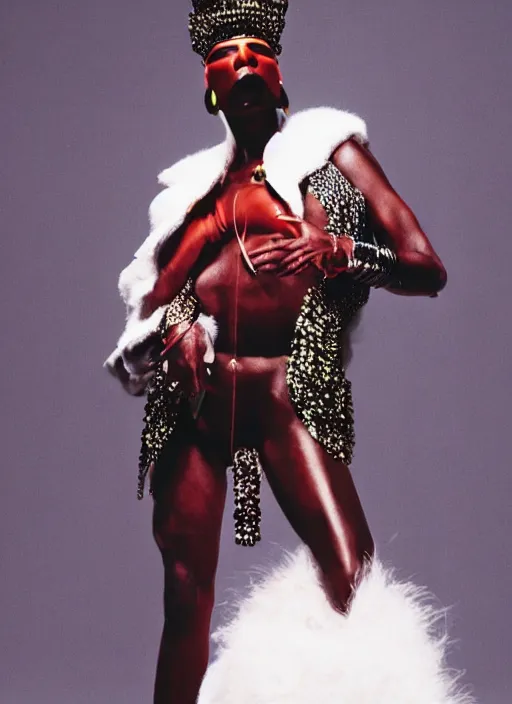 Prompt: grace jones styled by nick knight posing, set pieces, intricate set, vogue magazine, canon, highly realistic. high resolution. highly detailed. dramatic. 8 k. 4 k.