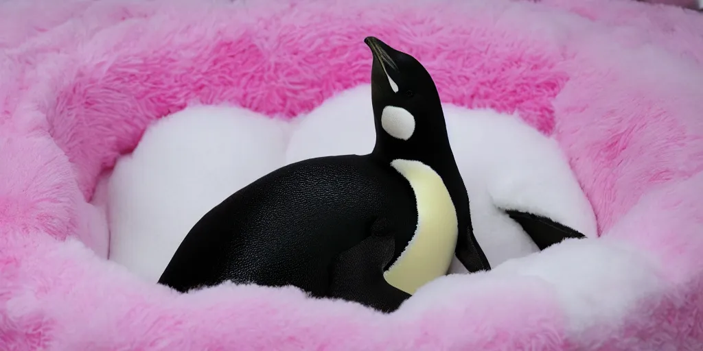 Image similar to realistic penguin sitting in an pink fluffy bed