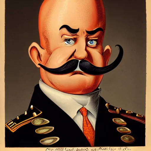 Prompt: a caricature of an angry south-americam muscular army general, thick mustache, bald, orange skin, pear-shaped skull with the thicker part at the bottom, with the sun shining behind his head, high-quality digital art