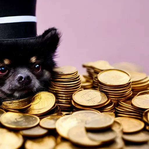 Image similar to A Pomeranian wearing a top-hat and monocle while sitting on a pile of gold coins