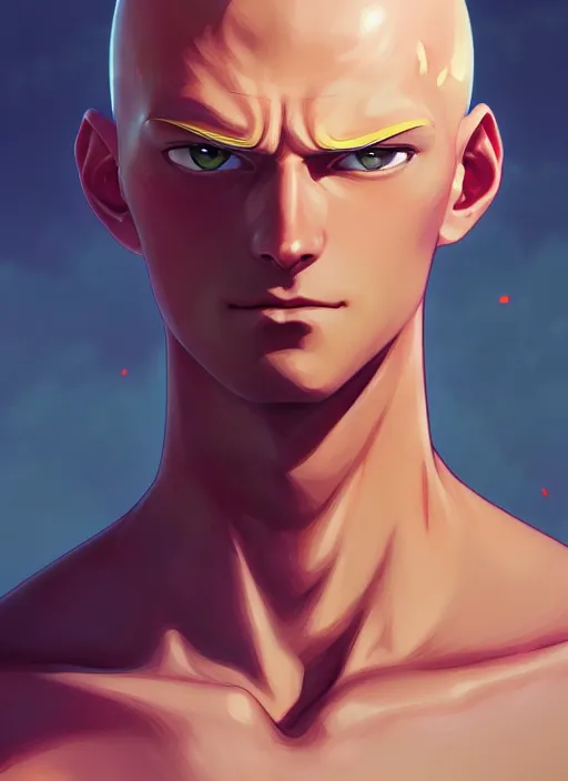 Image similar to handsome saitama, avatar ang, half body shot, path traced, highly detailed, high quality, digital painting, alena aenami, lilia alvarado, shinji aramaki, karol bak, alphonse mucha, tom bagshaw