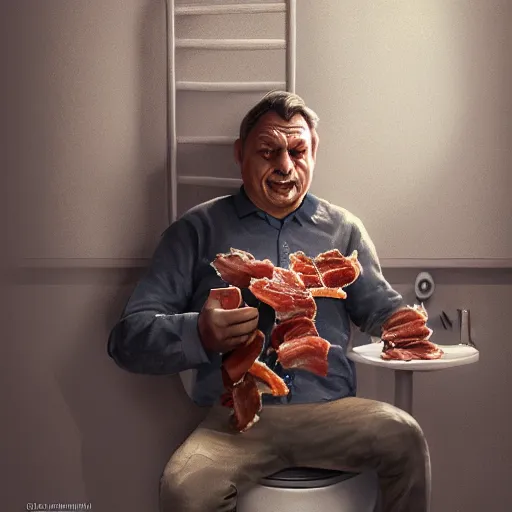 Image similar to viktor orban with realistic face sitting on the toilet and eating bacon by greg rutkowski, highly detailed, octane render, 4 k, 8 k, hdr, cgsociety, amazing lightning, masterpiece