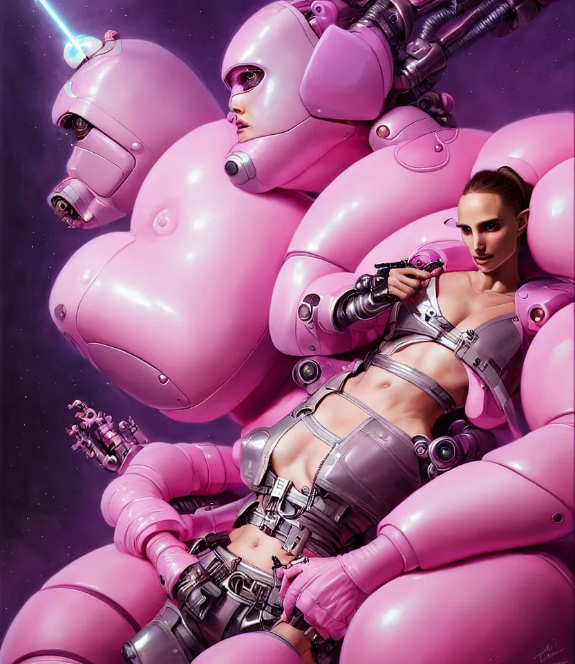 Image similar to beautiful fantasy character portrait of a natalie portman cyborg, wearing pink puffy bomber jacket with white fur, seductive reclining pose, lasers, ultra realistic, dramatic lighting, robots, the fifth element artifacts, highly detailed by peter mohrbacher, hajime sorayama, wayne barlowe, boris vallejo, aaron horkey, gaston bussiere, craig mullins