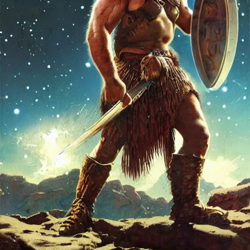 Image similar to photoreal full body of a hulking viking warrior in scifi armour on a rocky planet, nebula milky way background, by norman rockwell and boris vallejo, artstation, concept character art