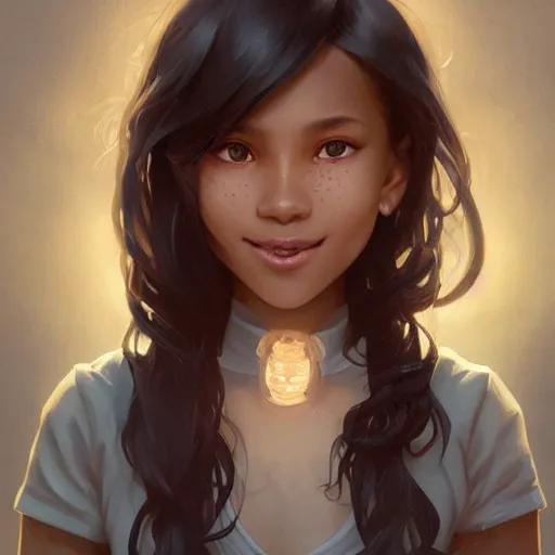 Prompt: demonic evil cute fourteen year old brown skinned asian girl, tomboy, evil smile, freckles!!!, fully clothed, highly detailed, digital painting, artstation, concept art, sharp focus, illustration, cinematic lighting, art by artgerm and greg rutkowski and alphonse mucha,