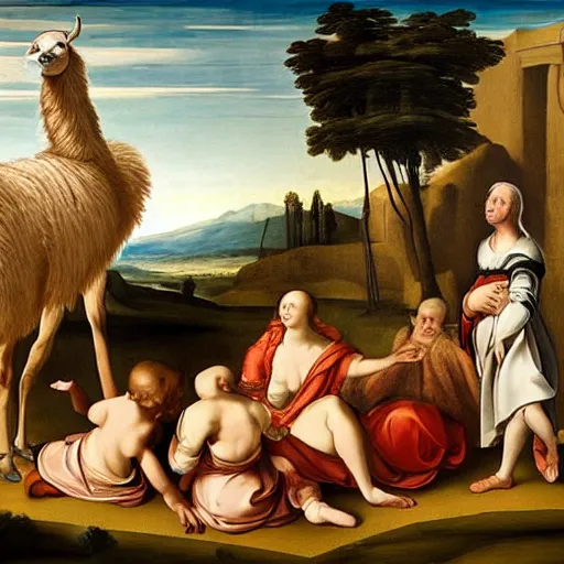 Prompt: renaissance painting of a llama in a large observatory looking for extraterrestrials