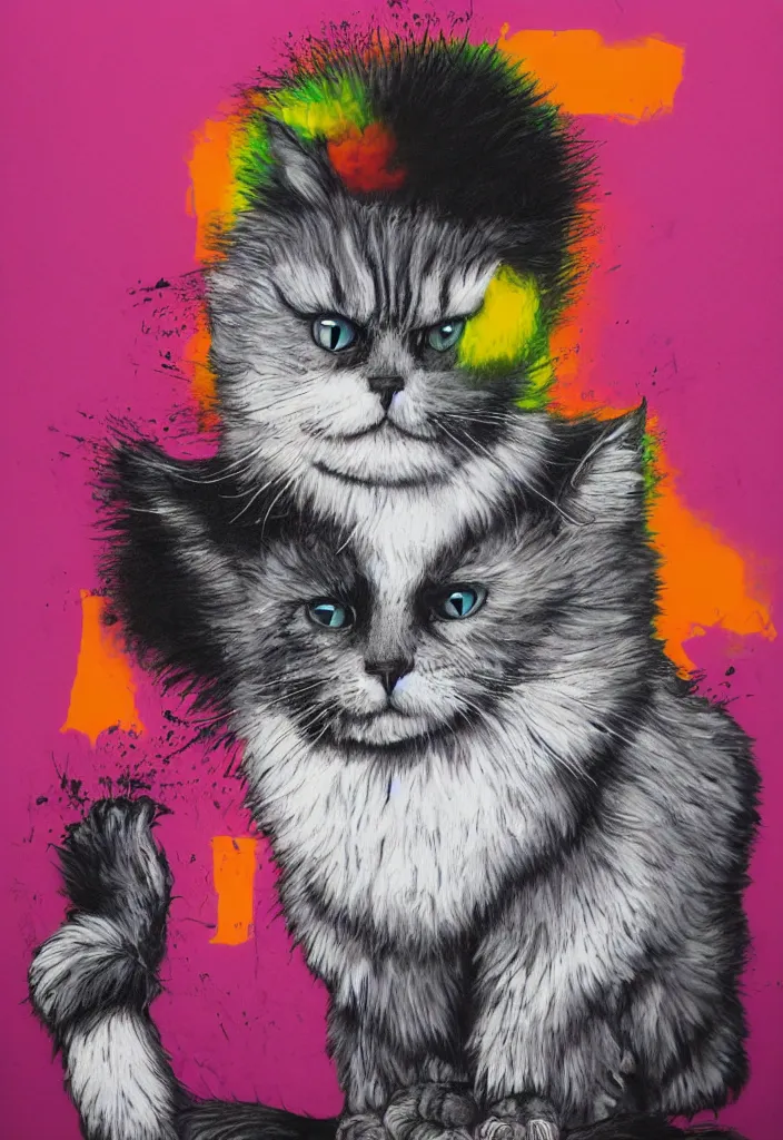 Image similar to fluffy cat with an afro comb t - shirt design, by jules julien, alex yanes, dark grisaille monochrome neon spraypaint, ironic surrealism, hypebeast