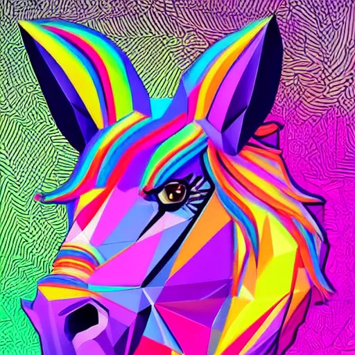 Prompt: a psychedelic neon technicolor portrait illustration of a low poly unicorn in geometric kaleidoscopic colors trending on artstation 4 k intricate extremely detailed digital art