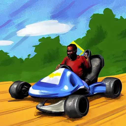 Prompt: Jamaican man, in go-kart, chased by police, digital art