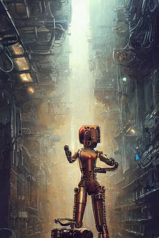 Prompt: a highly detailed retro futuristic female android with gears and other mechanical parts made out of pasta standing in a dank alleyway from blade runner, a robot made out of pasta, painting by Marc Simonetti and Julie Bell