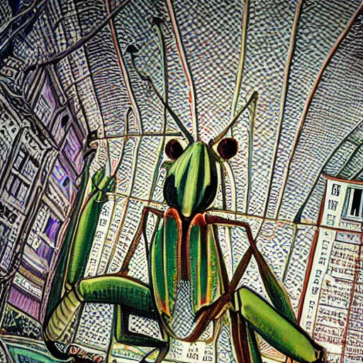 Image similar to Portrait of human-sized Mantis religiosa in medival city.