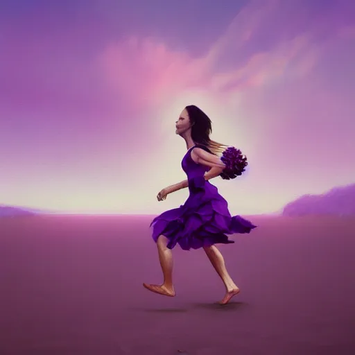 Image similar to portrait, giant purple dahlia flower head, woman running at the beach, surreal photography, sunrise, blue sky, dramatic light, impressionist painting, digital painting, artstation, simon stalenhag