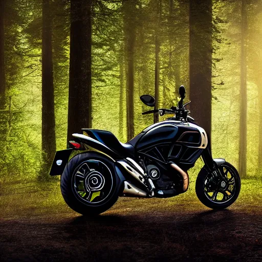 Image similar to portrait of a single ducati diavel in a vast forest landscape in the style of thomas cole, cinematic lighting, raytracing, 8 k, octane render, volumetric, vivid, beautiful, hyperrealism