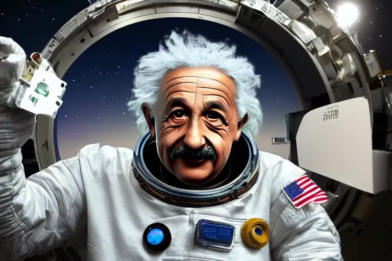 Prompt: still fullbody photo of sad albert einstein in spacesuit, giant flat earth on turtles at background, highly detailed, photorealistic shot, bright studio setting, studio lighting, crisp quality and light reflections, unreal engine 5 quality render