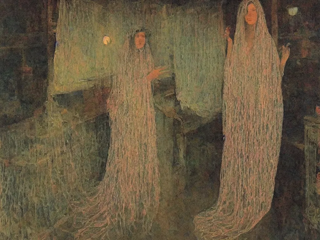 Image similar to painting by mikalojus konstantinas ciurlionis. portrait of worldly woman with lace and firefly at the house of the fishseller.