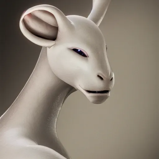 Image similar to realistic portrait of mewtwo, 1 0 0 mm, studio lighting