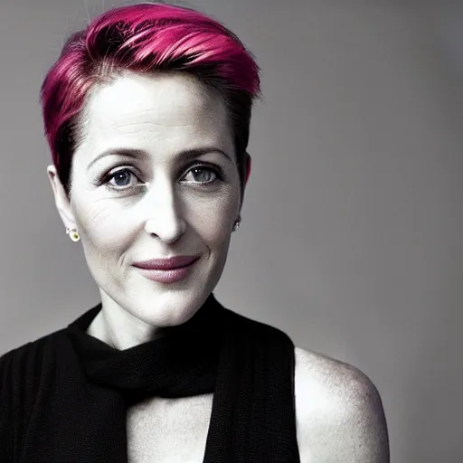 Image similar to photo of a gorgeous 40-year-old Gillian Anderson with pink pixie cut hairstyle by Mario Testino, detailed, head shot, award winning, Sony a7R -