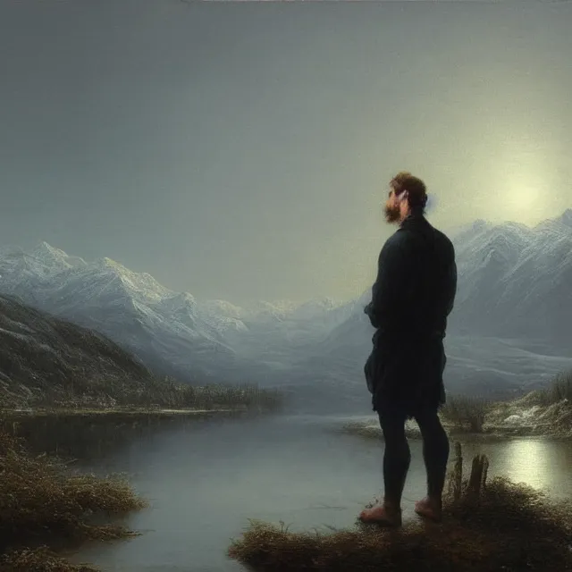 Image similar to A beautiful!!! painting of A man standing in a lake at night looking at the snow-capped mountains in the distance, beautiful!!!!! sky,Landscapes,Tyndall effect.hyper detailed,8K Resolution.In style of Greg Rutkowski, by gustav doré,oil on canvas