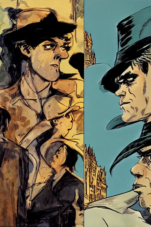 Prompt: sandman dream and corto maltese staring at each other, close up, portraits, comic book cover, art by hugo pratt