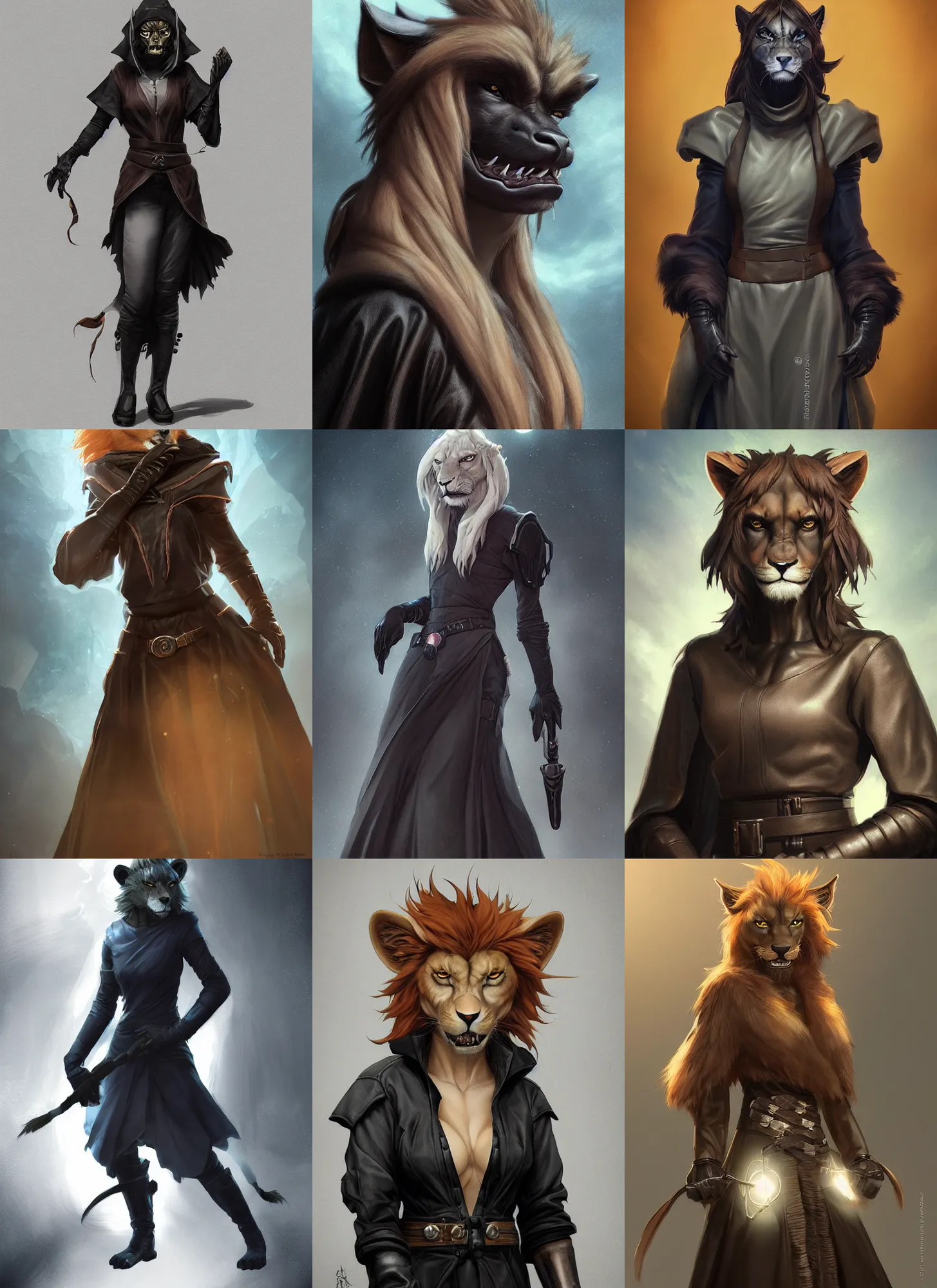 Prompt: beautiful portrait of a snarling female anthropomorphic lioness fursona wearing black jedi robes. leather gloves. leather boots. character design by charlie bowater, ross tran, artgerm, and makoto shinkai, detailed, soft lighting, rendered in octane