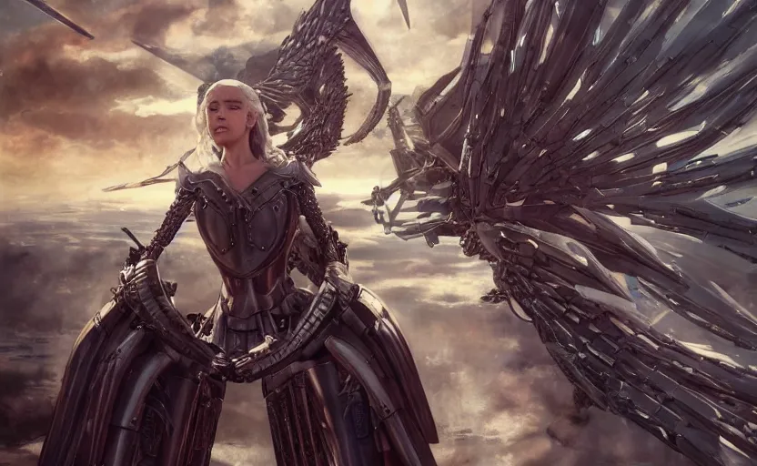 Image similar to mechanized valkyrie of daenerys targaryen from game of thrones, anime style, konami mecha, spread wings, hair down, symmetrical facial features, from arknights, hyper realistic, 4 k, rule of thirds, extreme detail, detailed drawing, trending artstation, hd, d & d, realistic lighting, by alphonse mucha, greg rutkowski