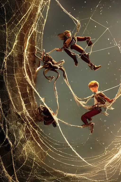 Prompt: Shrunk down human adventurers climbing on a spiders web, dewdrops, macro, dramatic lighting, cinematic, establishing shot, extremely high detail, foto realistic, cinematic lighting, post processed, concept art, high details, cinematic, 8k resolution, beautiful detailed, photorealistic, digital painting, artstation, concept art, smooth, sharp focus, artstation trending, octane render, unreal engine
