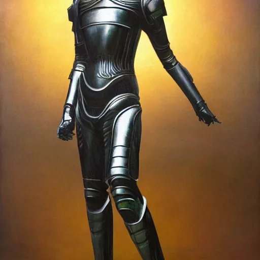 Prompt: full body portrait of beautiful gothic and futuristic fashion model, open space armour, cyber armour, highly detailed, artstation, illustration, composition, 8 k quality, art by jean delville, rene magritte, hyperrealism oil painting