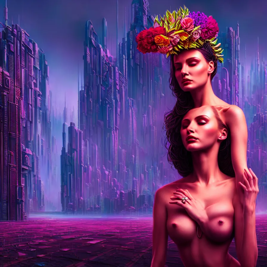 Image similar to Beautiful 3d render portrait of the flower queen in a sensual pose, in the style of Dan Mumford, with a futuristic cyberpunk city in the background.
