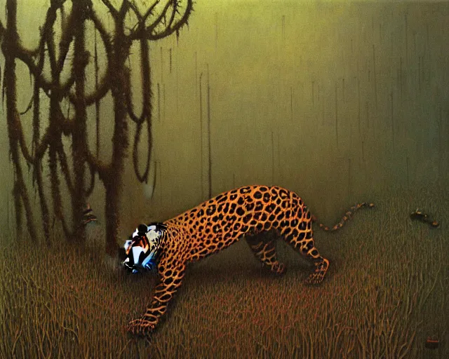 Image similar to Beksinski painting. Jaguar in a dark misty jungle, painted by Beksinski