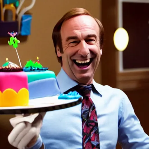 Image similar to saul goodman, smiling, holding a birthday cake