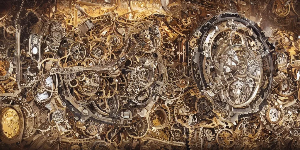 Image similar to Beautiful steampunk Swiss chalet made of intricate watch parts, cogs, gears, gearwheels, levers, jewels, shiny silver, shiny gold, architectural render, futuresynth, by Gabriel Dawe, by Skottie Young, by Jessica Rossier, by Isaac Cordal, Rolex, Breitling, Jacob & Co, Omega, Tag Heur