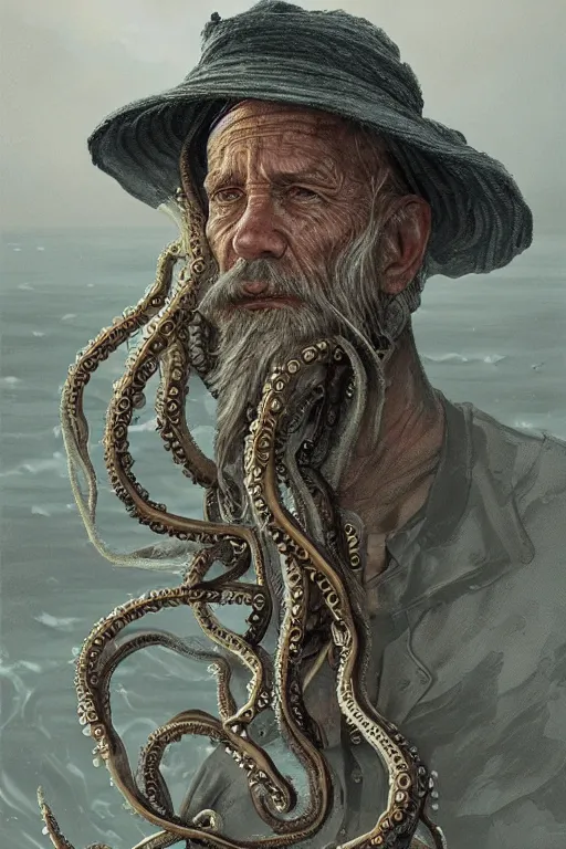 Image similar to portrait of an old fisherman with tentacles growing on him, eldritch, d & d, face, fantasy, intricate, elegant, highly detailed, digital painting, artstation, concept art, smooth, sharp focus, illustration, art by greg rutkowski