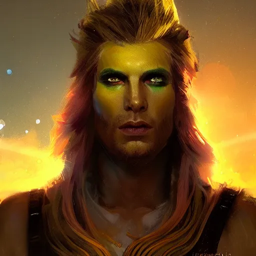 Prompt: a beautiful Norse Warrior based on Ziggy Stardust with glowing aura by Greg Rutkowski and Raymond Swanland, Trending on Artstation, cloudy background, ultra realistic digital art