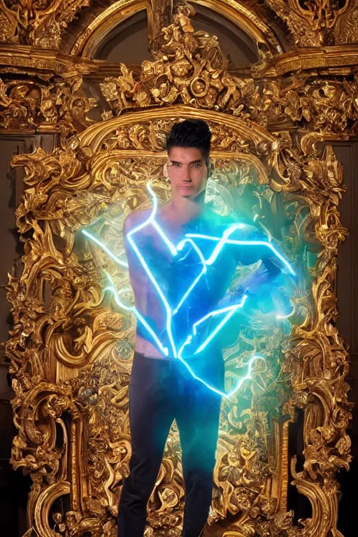 Image similar to full-body sculpture of a young handsome Colombiano prince sin camisa as a half cibernetic android with a glowing blue battery in his chest, white laser beam coming out of his eyes, crown of giant diamonds, flowing neon-colored silk, fabric, raptors, in a cyperbunk and baroque style. baroque elements. full-length view. baroque element. intricate artwork by caravaggio. many many birds birds on background. Trending on artstation, octane render, cinematic lighting from the right, hyper realism, octane render, 8k, depth of field, 3D