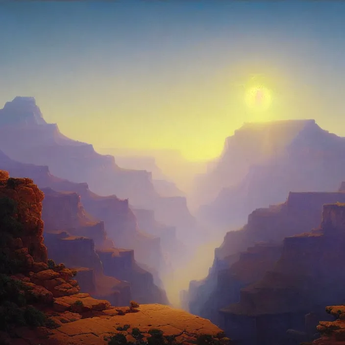 Image similar to a beautiful painting of a grand canyon, sunset by ivan aivazovsky and rhads and rene magritte and greg rutkowski and james gurney, in style of digital art. hyper detailed, sharp focus, soft light. octane render. ray tracing. trending on artstation