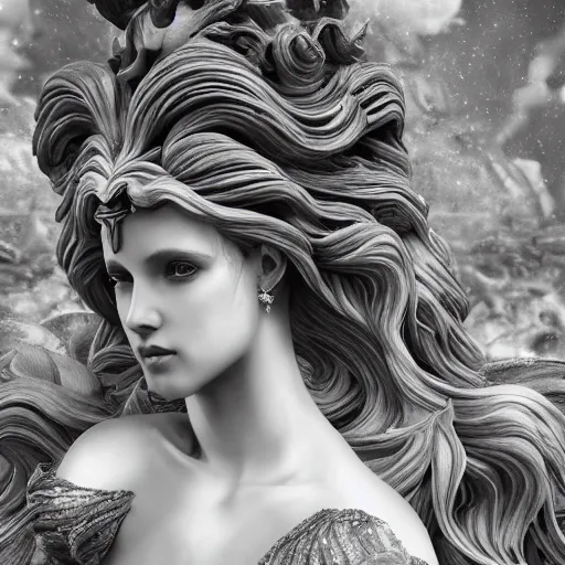 Image similar to wonderful princess made of marble, beautiful face, hyper detailed, flowing background intricate and detailed, ornate 8 k gorgeous intricate detailed, octane render, black and white