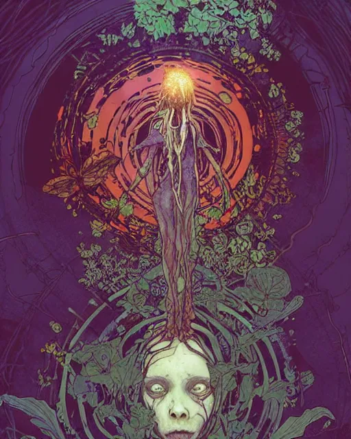 Image similar to the platonic ideal of flowers, rotting, insects and praying of cletus kasady carnage davinci dementor chtulu mandala ponyo alice in wonderland dinotopia watership down, fantasy, ego death, decay, dmt, psilocybin, concept art by greg rutkowski and simon stalenhag and alphonse mucha