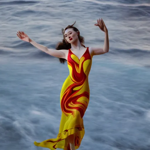 Prompt: beautiful modern dancer wearing a red and yellow swirling dress, dancing waist-deep in a sea of wild ocean waves, trending on Artstation, cinematic, hyperrealistic
